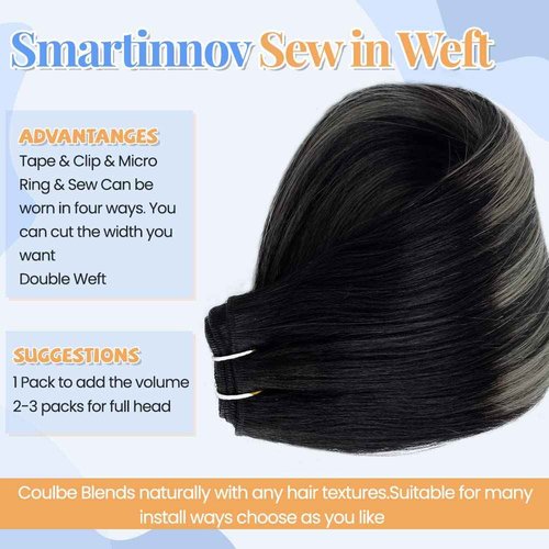 Silver Sew in Hair Extensions 14 Inch 80Gram Weft Hair Extensions Balayage Human Hair Extensions Hair Wefts Color #1B/Silver/1B Off Black Mixed with Silver Remy Straight Hair Weave Bundles Real Hair