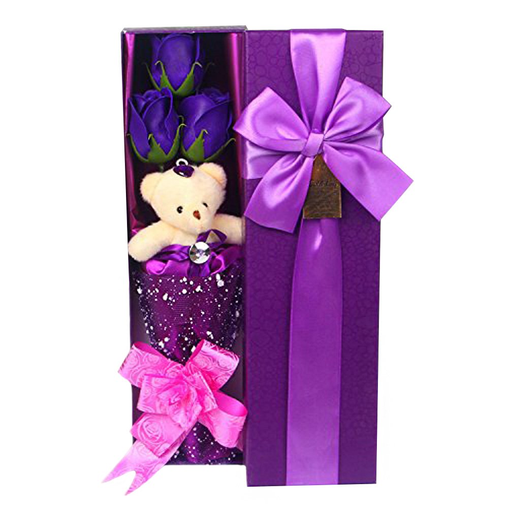 Abbie Home Flower Bouquet 3 Scented Soap Roses Gift Box with Cute Teddy Bear for Her Him Valentine's Day Anniversary Wedding Mothers Day Birthday Gift and Proposal (Purple)