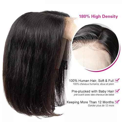 Bob Wig Human Hair 13x4 Lace Front Wigs Human Hair Pre Plucked with Baby Hair 180% Density Short Bob Wigs for Women Straight Bob Frontal Wigs for Women Natural Black (12inch,Short Wigs)