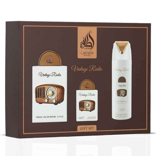 Lattafa Pride Vintage Radio 3-Piece Gift Sets – Long Lasting Arabian Perfume For Men – Eau De Parfum & Perfumed Spray – Perfume Men With Amber, Smoky Woods & Vanilla Notes - Premium Gift Box