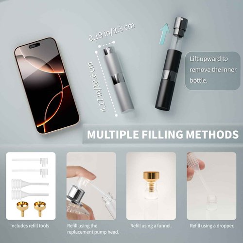 YIKIBOX 8ml Travel Perfume Atomizer Bottles Refillable – Mini Perfume Spray Bottles with Leak-Proof Design, Refillable Cologne Atomizer for Travel, Purse, Pocket(Black, Silver)