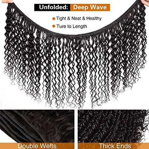 Brazilian Deep Wave Lace Frontal with Bundles Virgin Human Hair Deep Curly Bundles Ear to Ear Lace Frontal with Bundles100% Unprocessed Human Hair Extensions Natural Color(20 22 24+18)