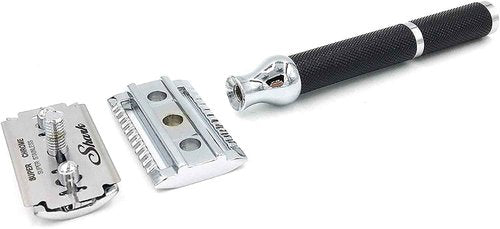 Parker 71R Medium Weight Long Handle Double Edge Safety Razor with 5 Parker Platinum Stainless Steel Razor Blades - Black Electroplated Brass Handle