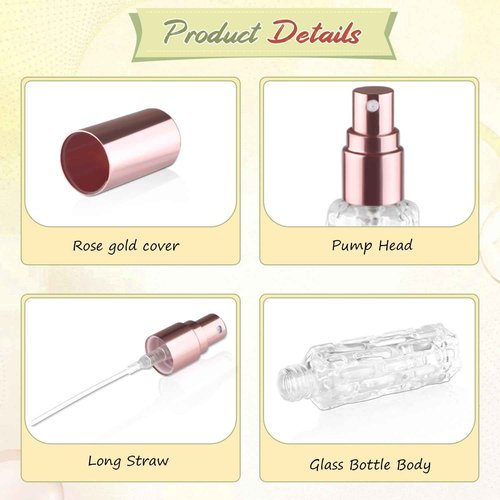 DynnnDy 12Pcs 10ml Clear Glass Spray Bottles with Rose Gold Lid Mini Refillable Perfume Dispenser Fine Mist Atomizer Empty Sample Containers for Essential Oils Skin Care Products Cleaning