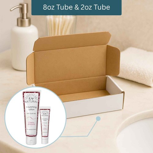 Way Natural Nourishing Goat Milk Lotion, Cherry Almond - Home & Away Set, Natural Hand & Body Cherry Almond Lotion for Dry Skin - Goat Milk Hand Cream for Women & Men - 8oz & 2oz Travel Size Tube
