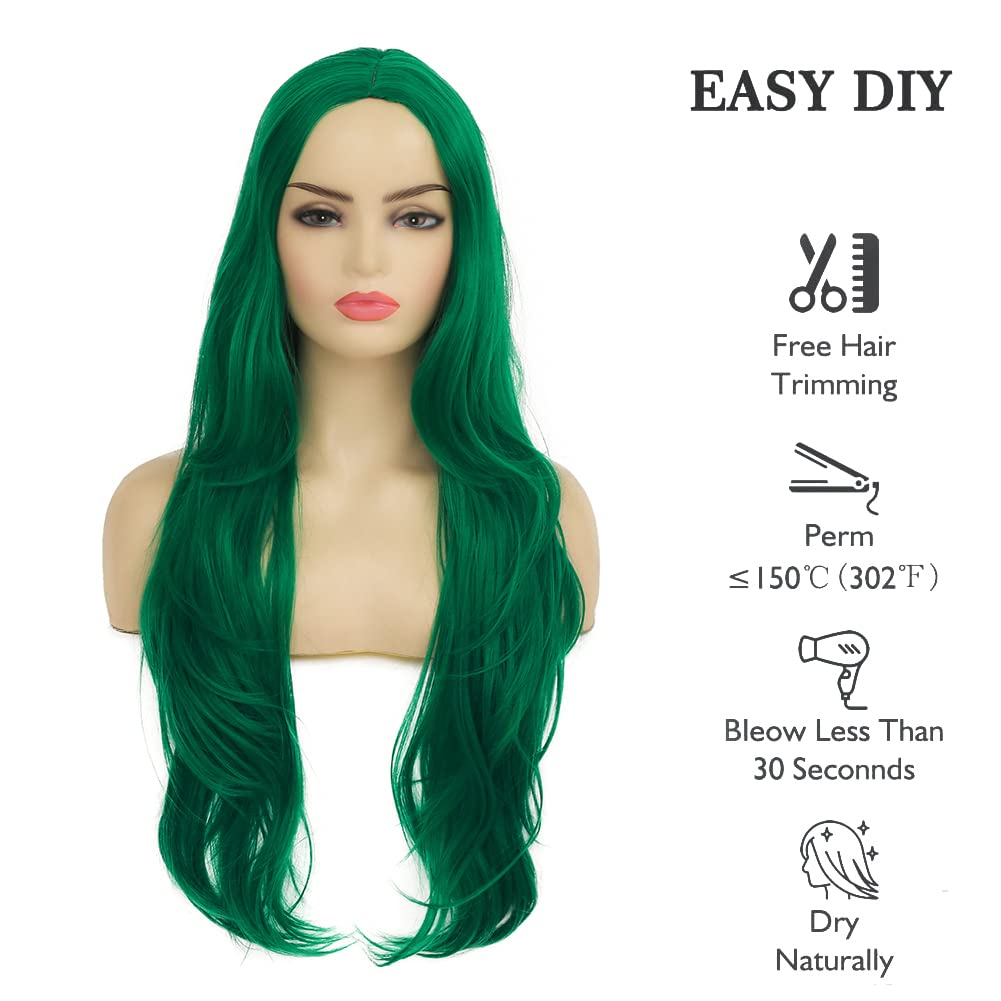 Swiking Long Curly Green Wig for Women Charming Long Wavy Heat Resistant Fiber Synthetic Hair for Cosplay Halloween Party Use(Green)