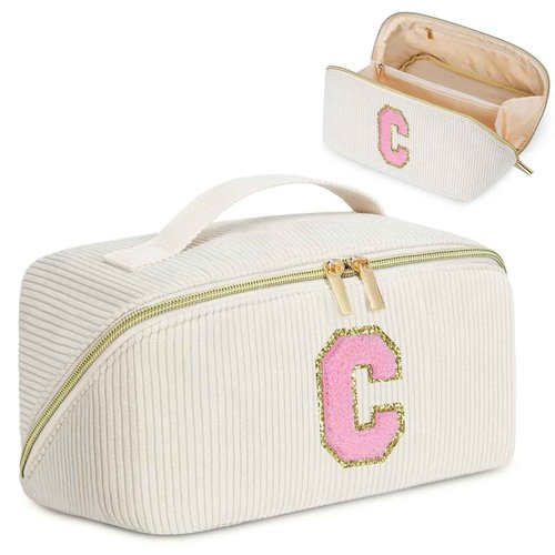 DTBG Personalized Initial Makeup Bag,Christmas Gifts for Girl,Preppy Bag Cosmetic Travel Bag Women,Travel Toiletry Organizer,Large Capacity Corduroy Stuff Bag,Cute Cosmetic Pouch Skincare Bag-C