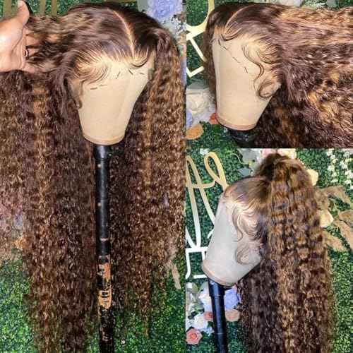 Honey Blonde Highlight Ombre Lace Front Wig Human Hair 200 Density 13x6 Water Wave Lace Front Wigs Human Hair Pre Plucked Wet And Wavy Curly Lace Frontal Wig for Women 4/27 Colored 24 Inch