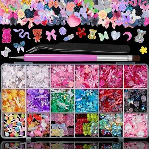 3D Resin Nail Charms Mix Rabbit Flower Bear Bowknot Nail Accessories Gummy Star Heart Lollipop Acrylic Hollow Heart Beads for Women's Manicure Making DIY Crafts(18 Charms)