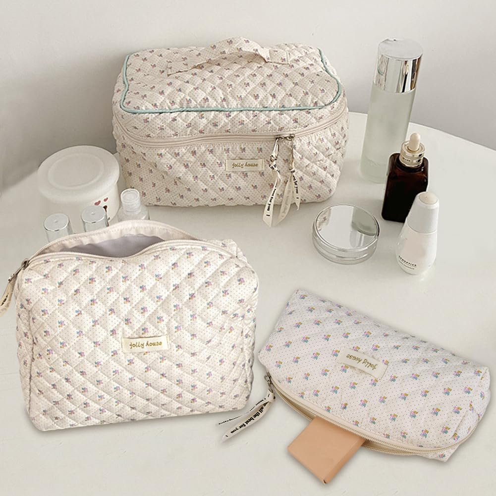 Lushandy 3 Pcs Quilted Floral Makeup Bag Set Cute Cosmetic Bag Coquette Aesthetic Makeup Bag Large Travel Makeup Organizer Toiletry Bag