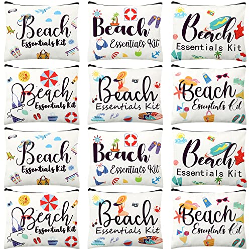 Chunful 12 Pcs Beach Makeup Bag Summer Beach Themes Cosmetic Bag Bulk Portable Essentials Kit Survival Kit Bag Flamingo Palm Leaves Cosmetic Pouch with Zipper for Women Travel Accessories (Beach)