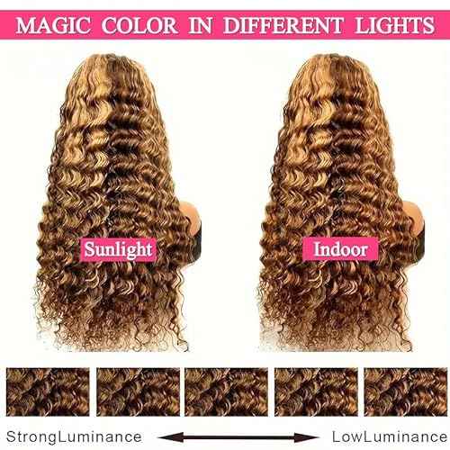 4/27 Deep Wave Lace Front Wigs Human Hair Honey Blonde Highlight Ombre Wigs Human Hair for Women 180 Density 13x4 HD Transparent Lace Frontal Wigs Pre Plucked with Baby Hair 22 Inch