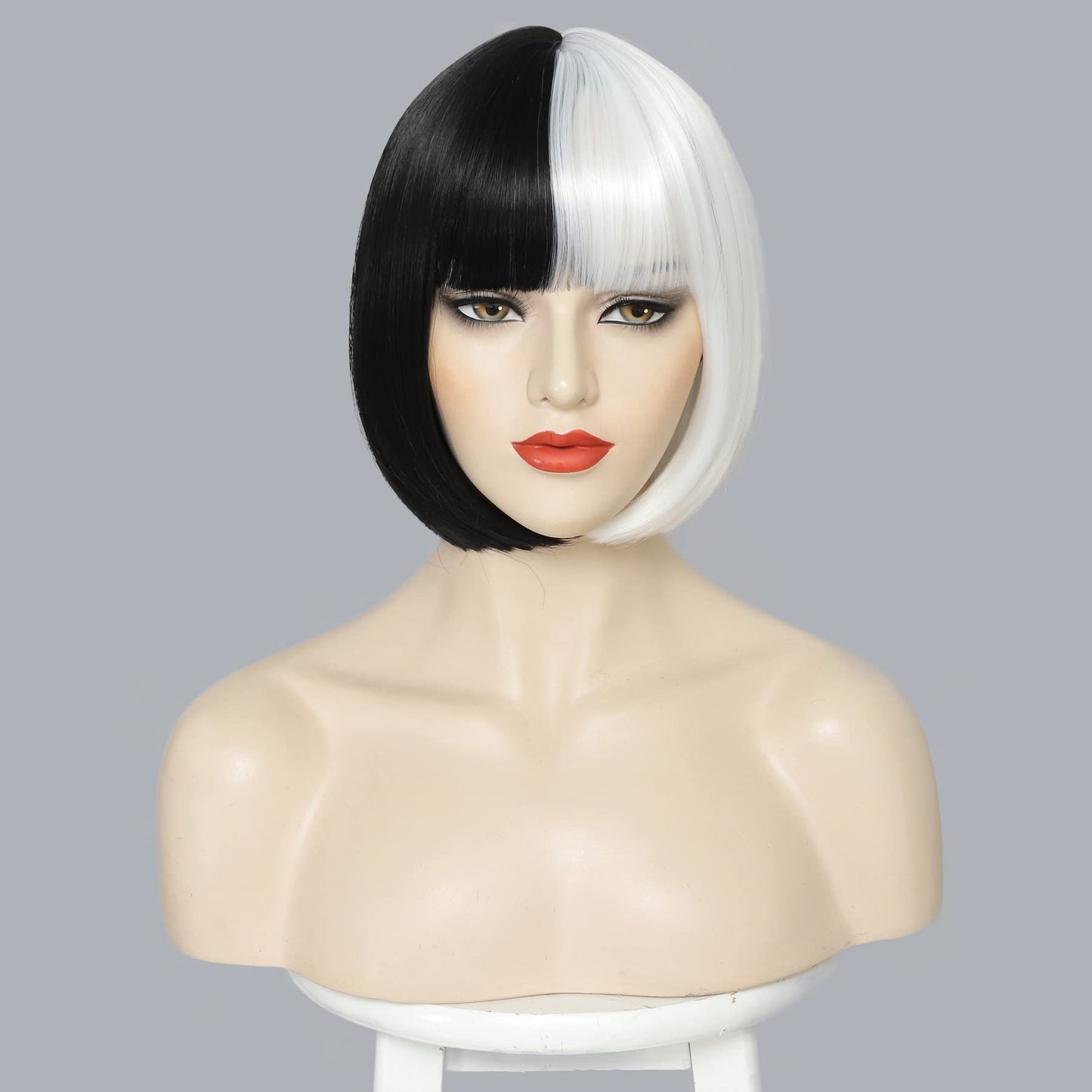 YBYMCAI Black and White Bob Wig With Bangs Cruella Deville Costume for Women Cosplay Short White and Black Bob Wigs Straight Bob Bangs Wig 10 Inch Natural Looking For Daily Party Use