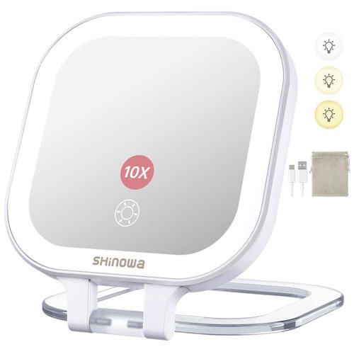 Shinowa Rechargeable Travel Makeup Mirror with 44 LED Lights, 1X/10X Magnifying Vanity Mirror with 3 Color Light, Folding Stand, 4 Inch Portable Dimmable Double Sided Compact Lighted Mirror, White