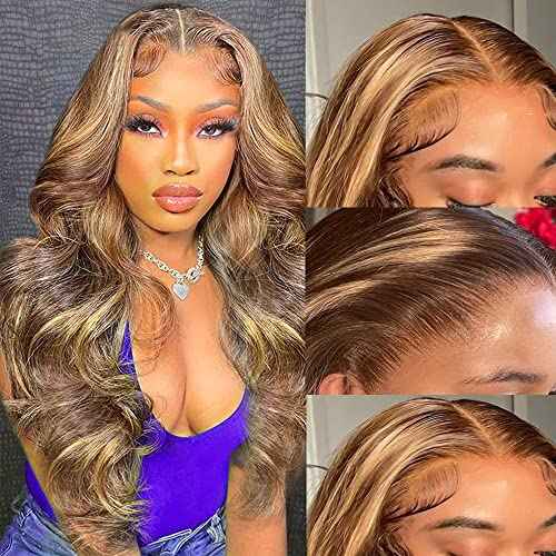 Yllies Honey Blonde Highlight Ombre Middle Part Lace Front Wigs Human Hair T Part HD Transparent Lace Body Wave Wigs 180% Density Brazilian Human Hair 4/27 Colored Glueless Wigs for Women(24 Inch)