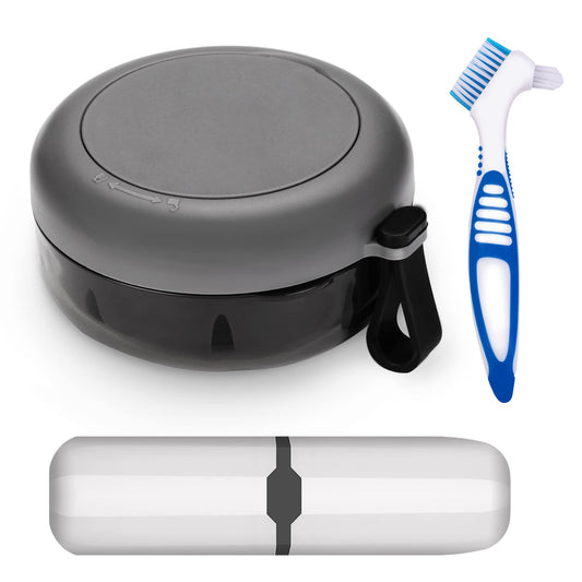 Denture Case with Brush & Portable Toothbrush Box, 100% No-Leak Retainer Box Set for Traveling Perfectly, Retainer Cup with Strainer & Mirror for Retainer, Mouth Guard, Aligner & Denture (BLACK)…