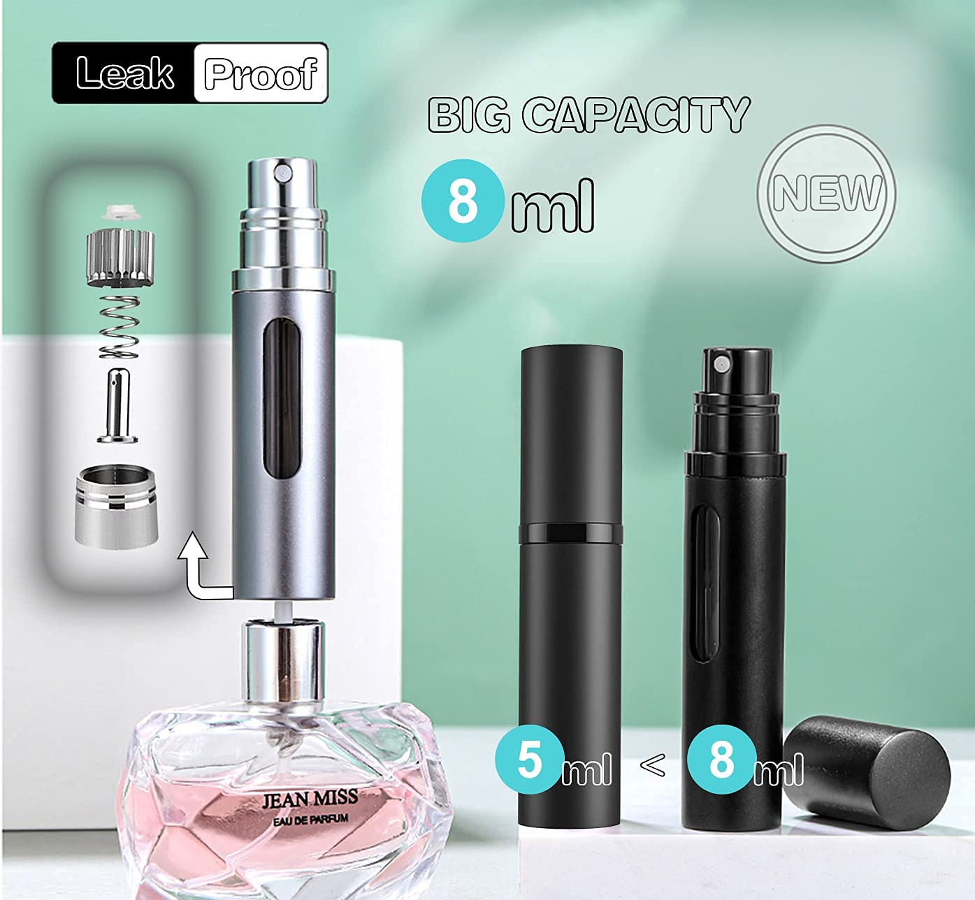 SixTmoon Perfume Atomizer Bottle, Portable Refillable Perfume Bottle Sprayer Leakproof, Travel Mini Size Cologne Sprayer for Men Women, 8ml (Black & Green)