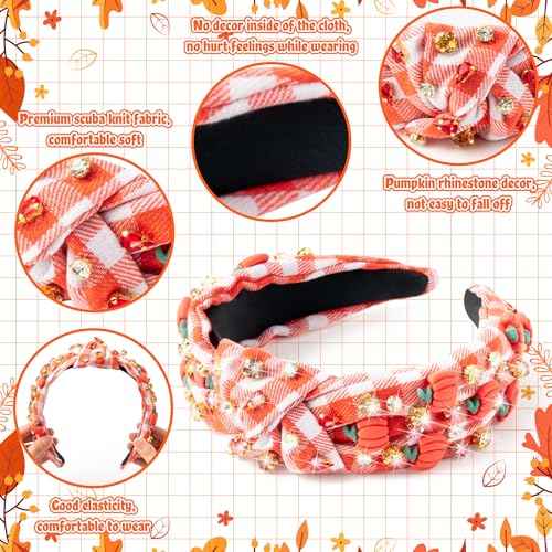PANTIDE Thanksgiving Fall Jeweled Knotted Headband - Pumpkin Rhinestone Crystal Embellished Headband Wide Top Knot Fashion Hairband Hair Accessories Autumn Birthday Gift for Women Girls(Plaid Pumpkin)