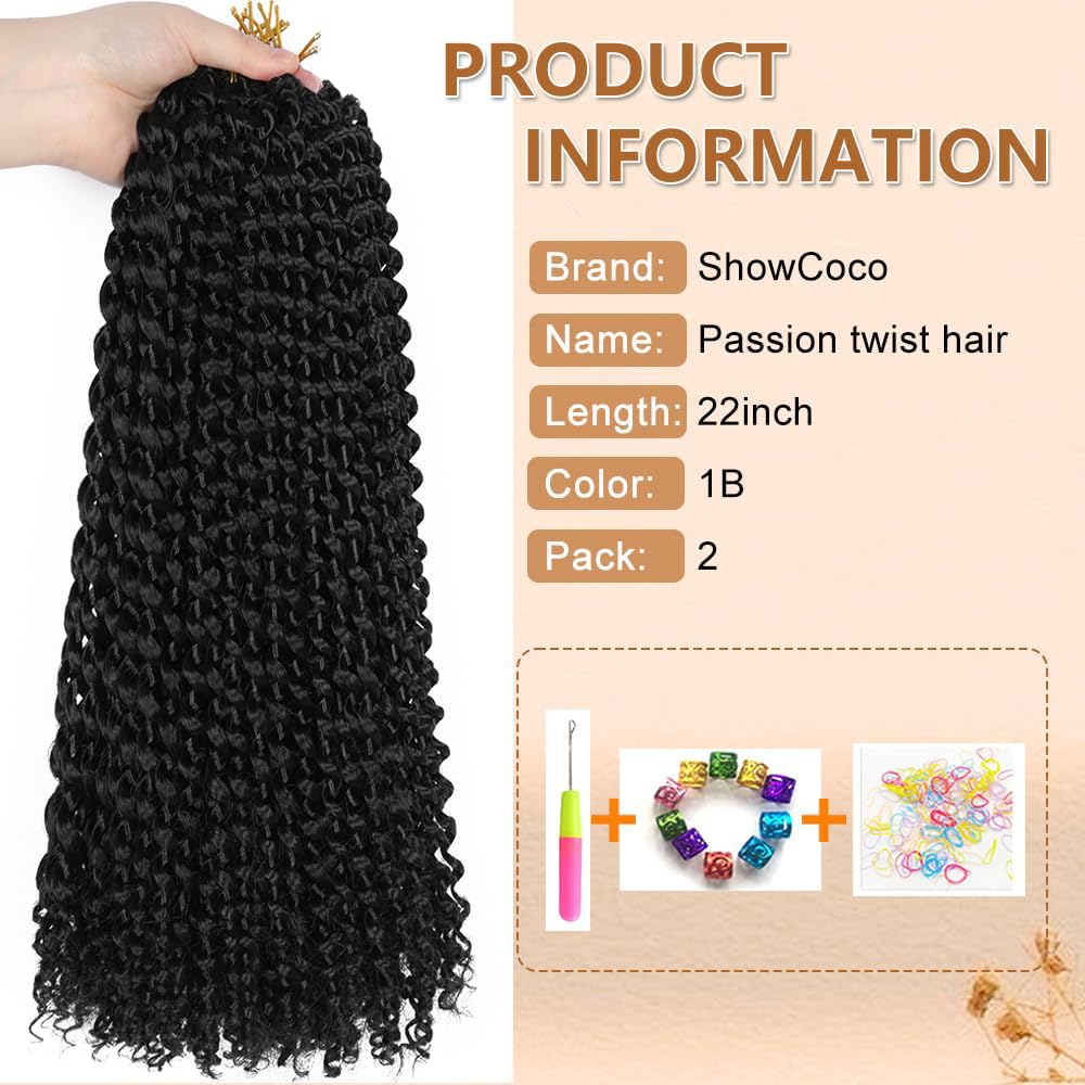 Passion Twist Hair 22 Inch Water Wave Crochet Hair 2 Packs Passion Twists Braiding Hair Long Bohemian Synthetic Hair Passion Twist Hair Extensions(22inch, 1B)