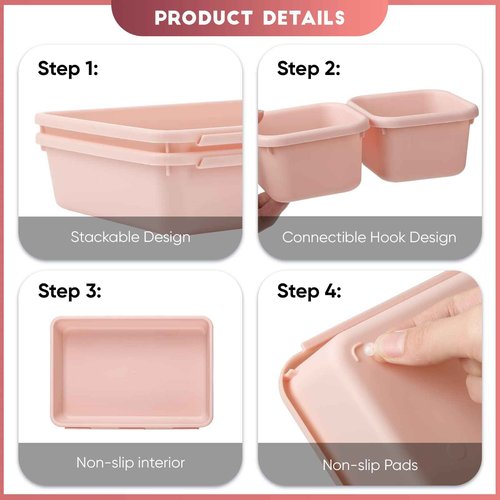 Purpeak 32 Pcs Desk Drawer Organizer Office Organization Tray Versatile Vanity Organizer with Nonslip Pads Makeup for Divider Drawer Storage Box Container for Kitchen Bedroom(Pink)