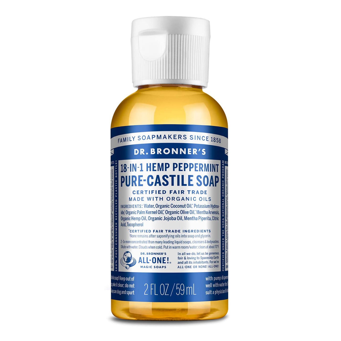 Dr. Bronner's - Pure-Castile Liquid Soap (Peppermint, Travel Size, 2 ounce) - Made with Organic Oils, 18-in-1 Uses: Face, Body, Hair, Laundry, Pets and Dishes, Concentrated, Vegan, Non-GMO