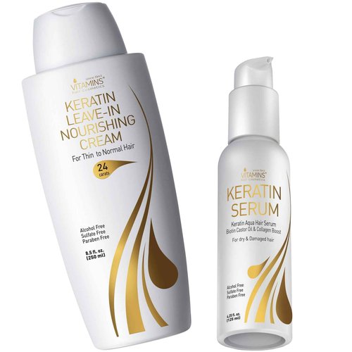 VITAMINS hair cosmetics Keratin Thin Hair Leave-In Conditioner & Hair Serum Kit - Hydrating No Rinse Nourishing Cream & Heat Protectant, Anti Frizz Gloss Boost - Pro Salon Care for Dry Damaged Hair