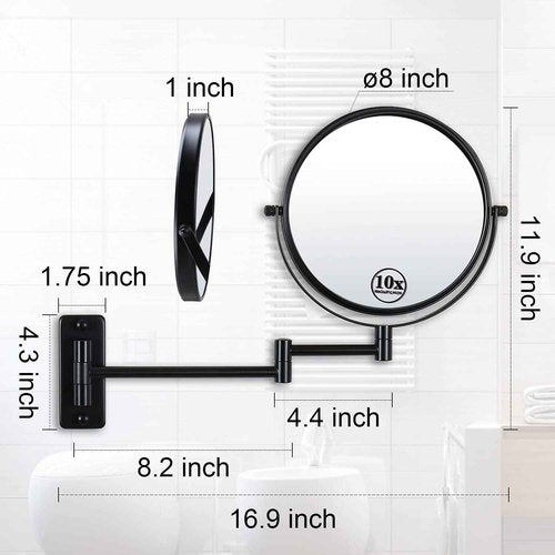 LANSI Wall Mounted Magnifying Makeup Mirror with 1X 10X Magnification and Extendable Arm, 8 Inch Double Sided Vanity Mirror for Bathroom, Wall Mirror for Teen Girls, Women, Matte Black