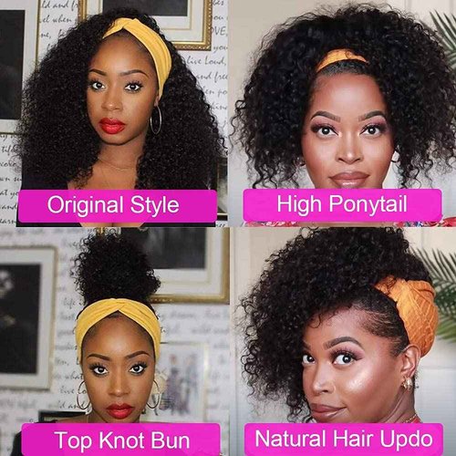 Rebasar Deep Wave Headband Wig Human Hair 14 Inch Curly Headband Wigs for Black Women Human Hair Glueless None Lace Front Wig Brazilian Virgin Hair Wear and Go Wigs 150% Density Natural Black Color