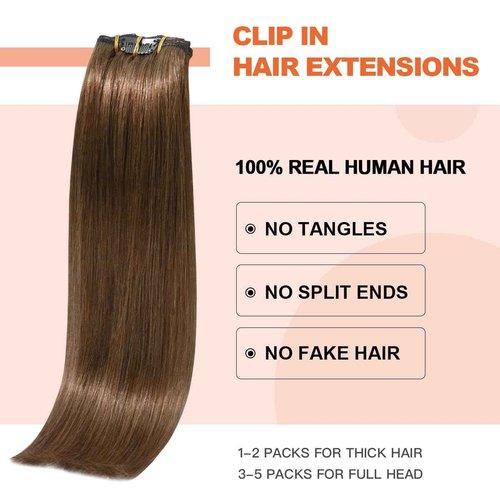 UGOTRAYS Light Brown Hair Extensions Clip in Human Hair 18 Inch 70g 7pcs Remy Hair Silky Straight 16clips One Pack for Women #6 Chestnut Brown Hair Extensions