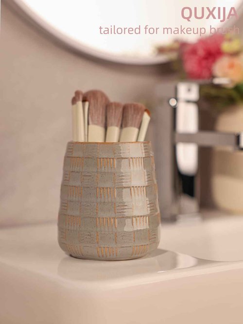QUXIJA Ceramic Makeup Brush Holders, Bathroom Vanity and Countertop,Make up Brushes Cup for Cosmetics, Lipsticks, Bathroom Vanity Desktop Storage (Vintage Grey)
