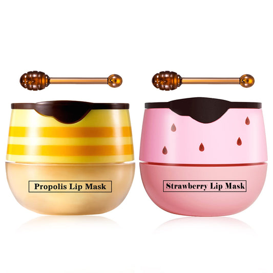 QIUFSSE Bee Lip Balm Honey Pot Strawberry & Honey Lip Masks for Dry Lips Bee Balm for Lip Care Lip Moisturizing Cracked Lip Scrubs Exfoliator（2PCS）