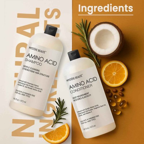 Amino Acid Shampoo and Conditioner Set for All Hair Types | Nourishing Amino Acid Hair Shampoo with Vitamin E & Jojoba Oil for Frizz Control & Shine Moisturizing Amino Acid Conditioner - 16 fl oz each