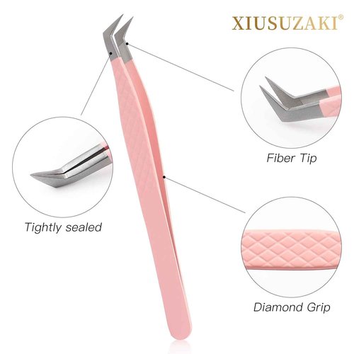 Lash Tweezers For Eyelash Extensions Fiber Tip Lash Tweezers Pink Straight/Curved Tweezer(Pink,X02)