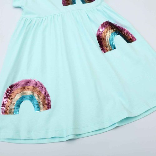 Hongshilian Toddler Girl Cotton Casual Dress Cartoon Appliques Short Sleeve Tunic Jersey Clothing(6T,Rainbow & Sequin)