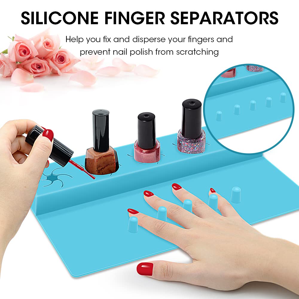 Nail Polish Holder 2 in 1 Silicone Fingernail Painting Tools Nails Art Accessories Organizer Case Set Hand Rest Mat with Anti-Spill Bottle Stand and Finger Separators for Pedicure Manicure (Blue)