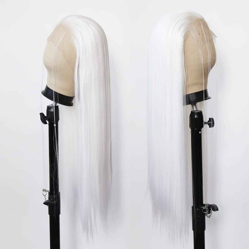 BTWTRY White Synthetic Lace Front Wig - Long Straight Platinum Snow White Lace Front Synthetic Wig - Pre Plucked Natural Hairline - Glueless Heat Resistant Fiber Hair Wig for Fashion Women
