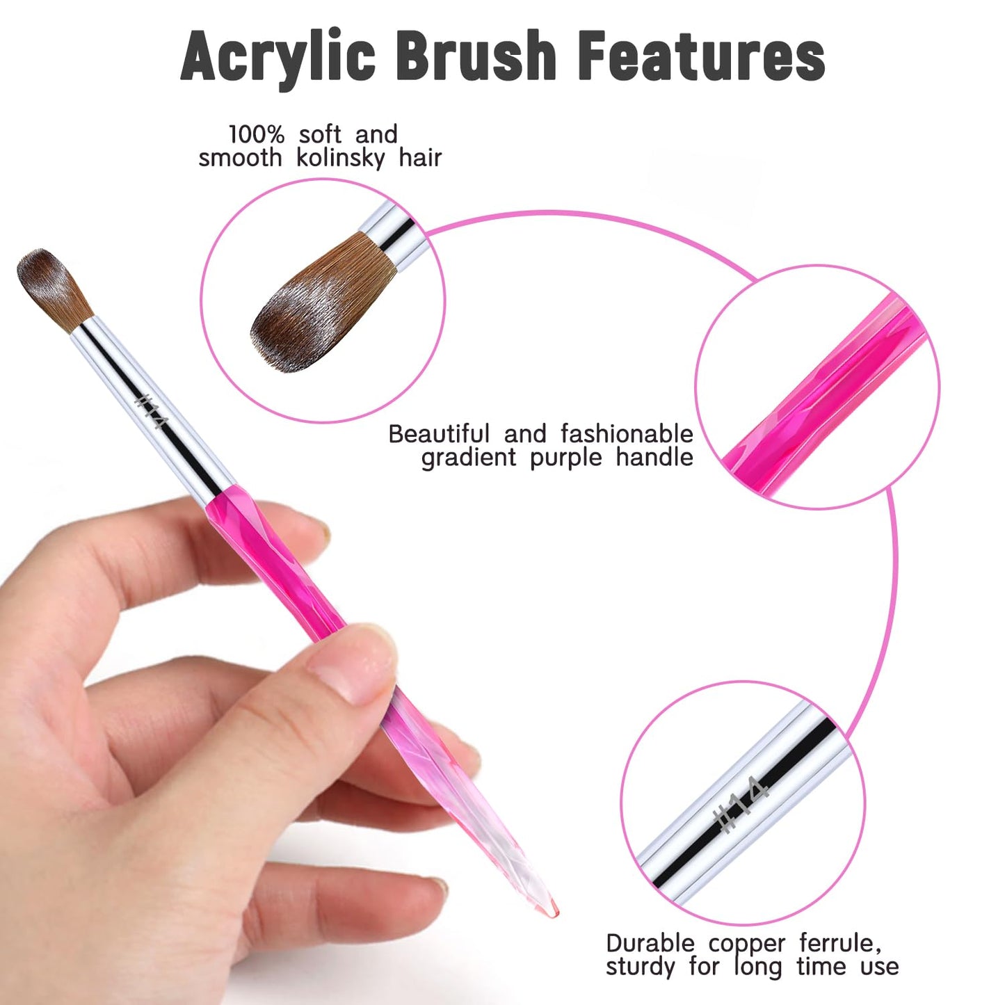 Acrylic Nail Brushes Kolinsky Pincel Para Acrilico Brushes for Acrylic Application Crystal Handle Oval Nail Art Brush Manicure Tool Size 14