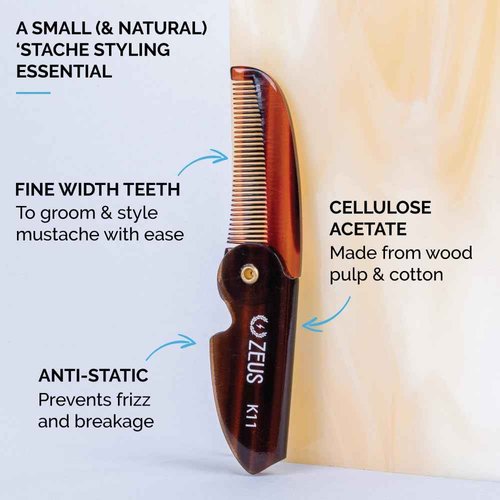 ZEUS Folding Mustache Comb for Men, Handmade Saw-Cut Pocket Comb for Men’s Beard & Moustache Grooming, Compact & Travel Friendly (Traditional) 3 PACK