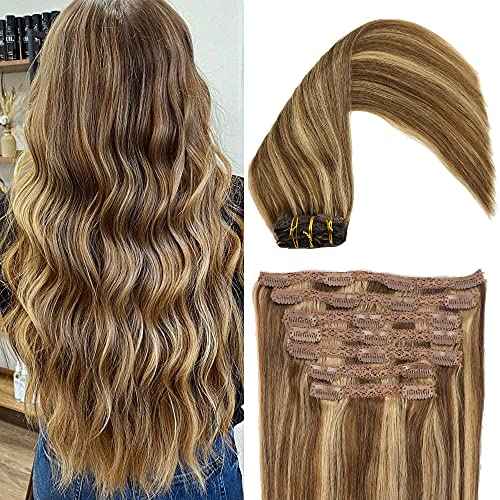 Human Hair Lace Clip In Hair Extensions Thick Ends Highlights Piano Color Chocolate Brown/Strawberry Blonde 16inch 100g Remy Hair Extensions