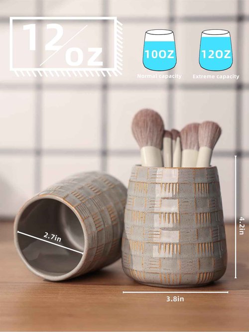 QUXIJA Ceramic Makeup Brush Holders, Bathroom Vanity and Countertop,Make up Brushes Cup for Cosmetics, Lipsticks, Bathroom Vanity Desktop Storage (Vintage Grey)