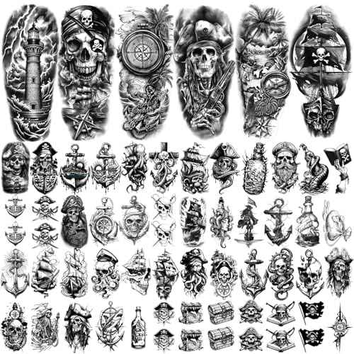 77 Sheets Pirate Temporary Tattoos Adult Men Kids Captain Pirate Ships Flag Sailor Anchor Sailboat Skull Fake Tattoos, Pirates Stickers for Costume Dress Up Makeup Party Accessories