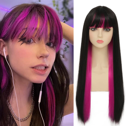 Dai Cloud Black Mix Purple Long Straight Wigs with Bangs for Women Cosplay Party Costume Synthetic Hair Wigs(Black and Purple)