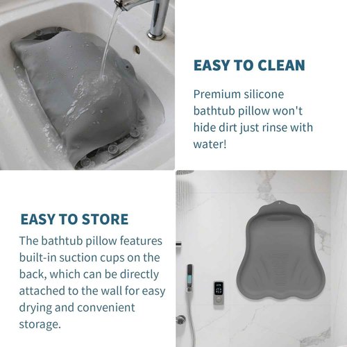Silicone Bath Pillow for Tub – Ergonomic Bathtub Headrest with Inflatable Air Cushion, Non-Slip Suction Cups & Neck/Back Support – Comfortable Spa Bath Accessory for Relaxation (Grey)