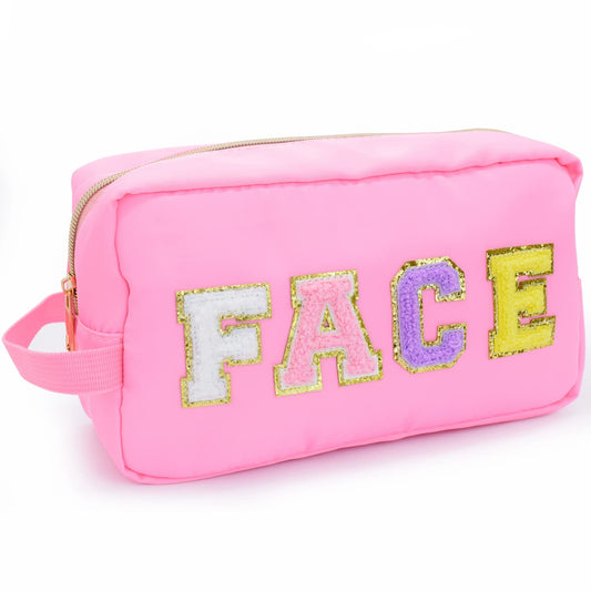 ShiningBeee Preppy Makeup Pouch Bag Built-in 3 Inner Pockets Chenille Letter Patches Small Waterproof Organizer Travel Cosmetic Toiletry Bag for Women Teen Girls (Pink)