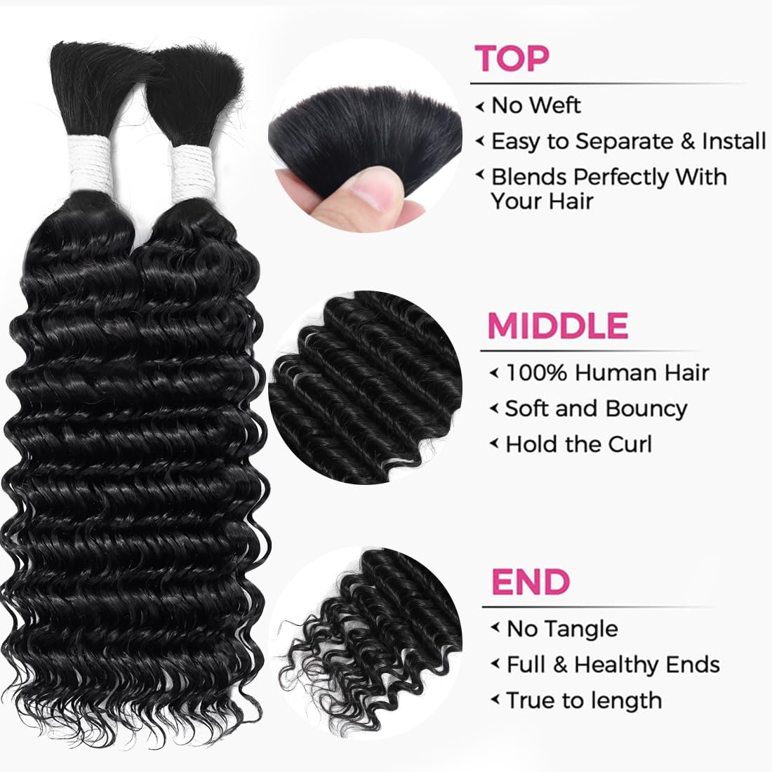 Human Braiding Hair 2 Bundles 100g 28 Inch Deep Wave Bulk Human Braiding Hair For Boho Braids No Weft Curly Boho Knotless Braids Wet And Wavy Brazilian Unprocessed Virgin Hair Extensions Natural Color