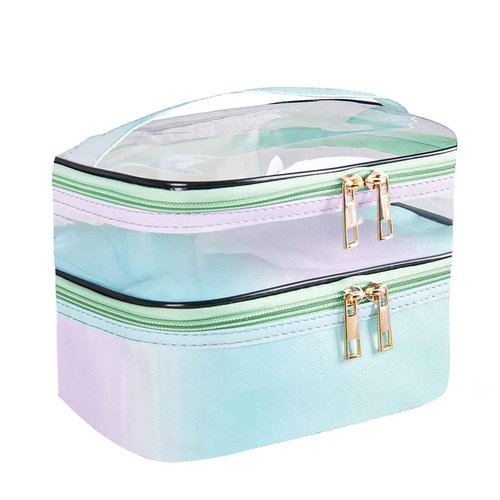 FITINI Makeup Bags Double Layer Travel Storage Cosmetic Cases Make up Organizer Toiletry Bags Water-resistant for Women Makeup Brush Bag,Gradient Green