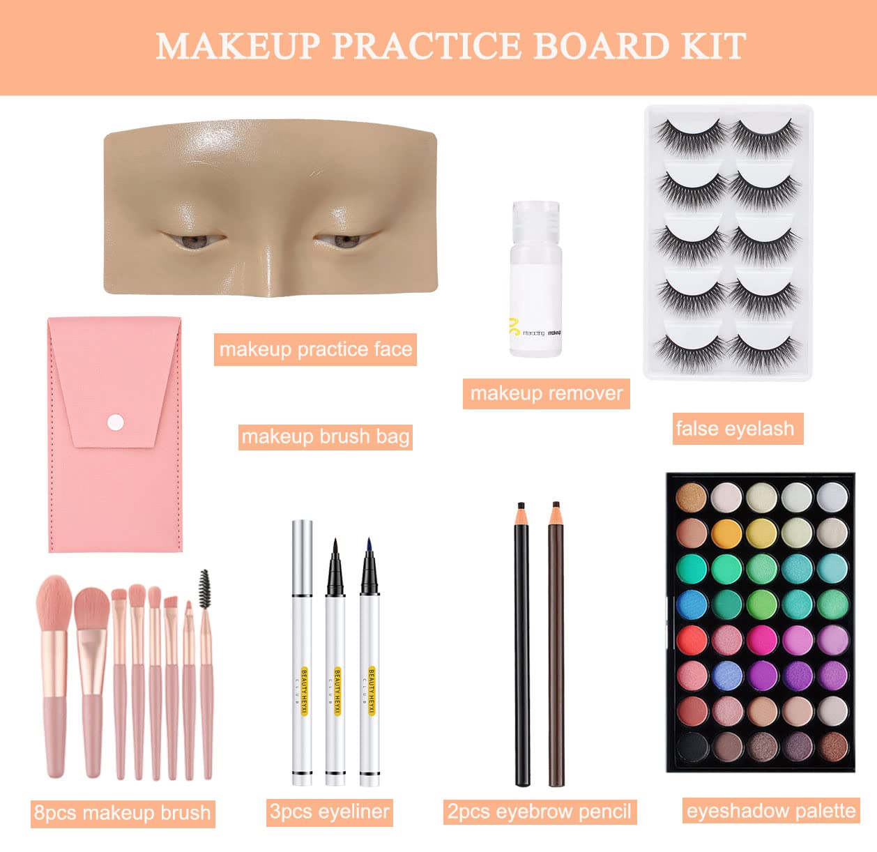 Makeup Practice Face Board, Resusable 3D Makeup Mannequin Face, Eyes Makeup Practice Face with Makeup Kit for Makeup Student and Beginner to Practice Eyeshadow Eyeliner Eyebrow Makeup & Lash Extension