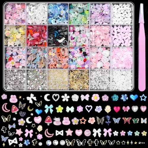 3D Nail Charms and Gems Mix Styles Butterfly Flower Bow Heart Colorful Assorted Nail Art Charm for Acrylic Nails Design, Pearls Nails Charms with Rhinestones Tiny Beads with Tweezers