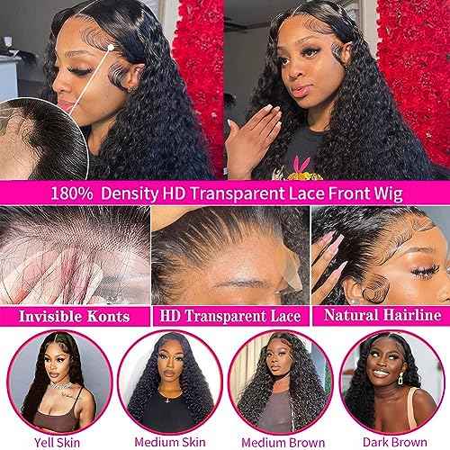 26 Inch Deep Wave 13x6 HD Transparent Lace Front Wigs Deep Curly Lace Frontal Glueless Wigs Human Hair Pre Plucked with Baby Hair Natural Hairline Wet and Wavy Wigs180% Density
