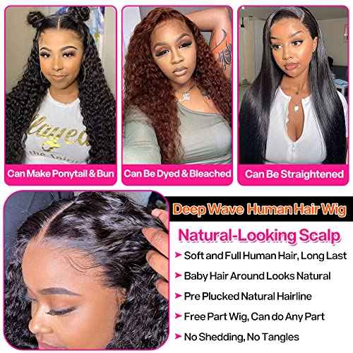 180 Density 13x4 HD Lace Front Wigs Human Hair Pre Plucked with Baby Hair Transparent Glueless Brazilian Deep Wave Frontal Wigs for Women Natural Black Color22 inch